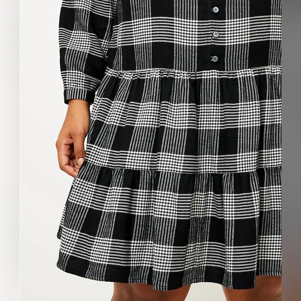 LOFT Plus Plaid Puff Sleeve Swing Dress 16W Black Plaid